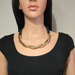 J. Crew Gold Tone & Black Leather Necklace